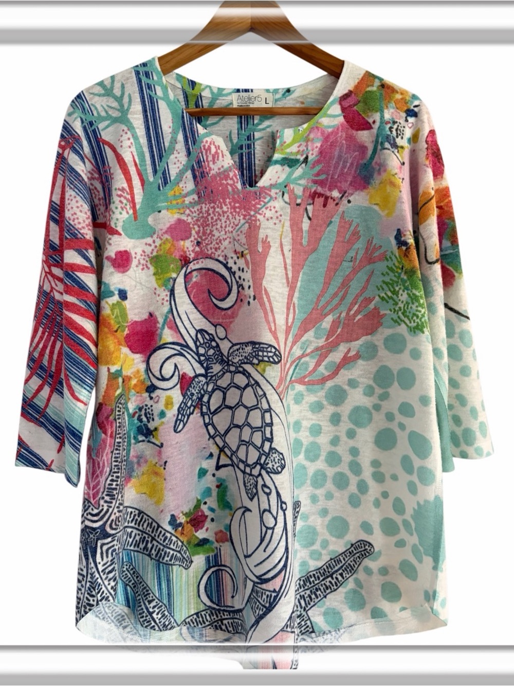 Atelier5 Sea Life Marine Tunic Top 3/4 Sleeve V-Neck Size Large Cotton